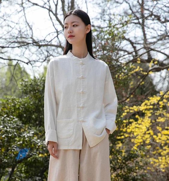 Blusas de mujer Damas Camisa de lino de algodón blanco Retro Chino Étnico Ramio Mujer tradicional Botón Up Stand Collar Taichi Uniforme
