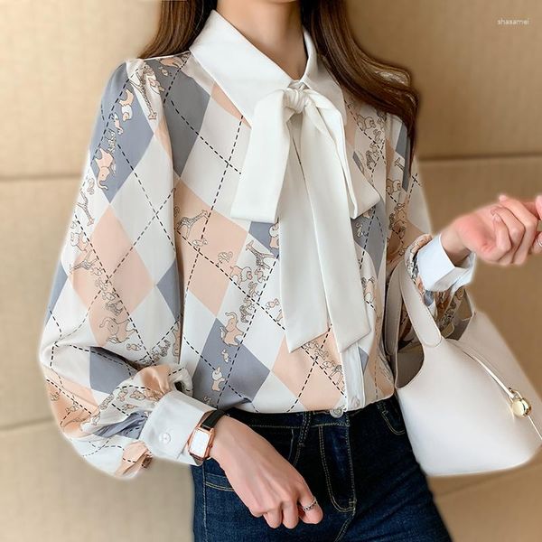 Blusas de mujer Lady Bow Tie Shirt Rombo Patrón de manga larga Casual Tops Diseñador Mujer Imprimir Streetwear OL Blusa Formal suelta Blusas