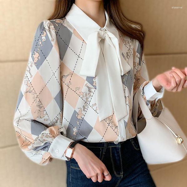 Chemisiers pour femmes Lady Bow Tie Shirt Losange Motif À Manches Longues Casual Tops Designer Femmes Imprimer Streetwear OL Blouse Formelle Lâche Blusas