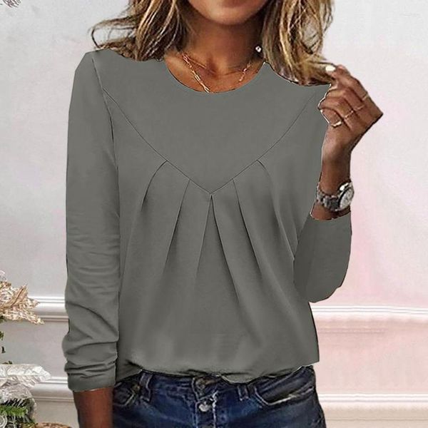 Chemisiers pour femmes Lady Fall Top Col rond Plissé Style simple Pull ample Doux Respirant Commute Respectueux de la peau T-shirt Blouse