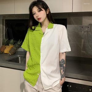 Chemisiers pour femmes Lady Folds Chemise à manches courtes à simple boutonnage Harajuku Femmes Contraste Couleur Chemises 2023 Summer Street Casual Vert Noir Top