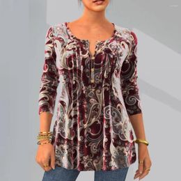Blusas de mujer Blusa holgada de manga larga con estampado vintage para mujer Camiseta tipo jersey suave con cuello redondo Botón de longitud media