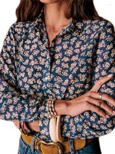 Blusas de mujer Camisa de manga larga de algodón y seda con cuello vuelto para mujer 2024 Blusa de un solo pecho con estampado romántico francés azul marino para mujer
