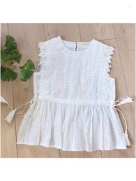 Chemisiers pour femmes Lamtrip Unique Vintage Summer Circle Broderie Point de dentelle O-Neck Kawaii Sans manches Shirring Tank Shirt Mori Girl Beach Top