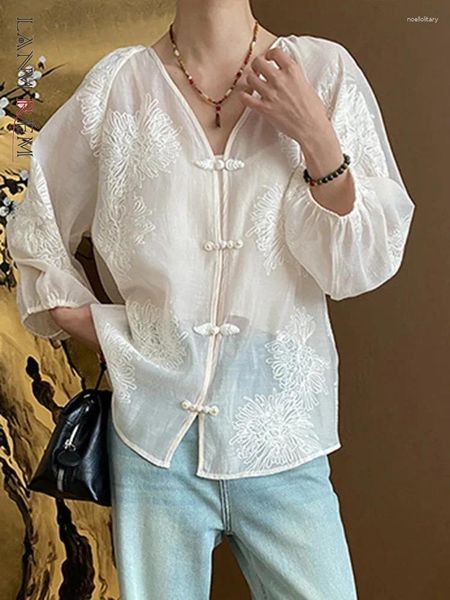 Blouses pour femmes Lanmrem Chinese Style Two-Piece Shirt Strap pour femmes V-cols à manches longues Broidered Design Tops Femme 2024 Vêtements