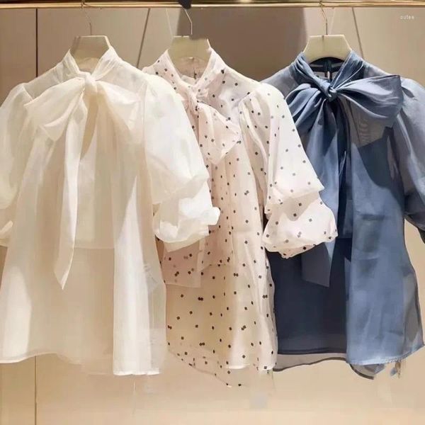 Blusas de Mujer, Camisas con mangas acampanadas, camisas con lazo, Blusas de estilo japonés, Ropa de Organza elegante para Mujer, Tops para primavera y verano 2024