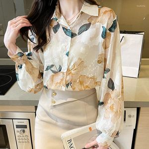 Vrouwen Blouses Lantaarn Mouw Chiffon Blouse Vrouwen 2023 Lente Elegante Bloemenprint Lange Knop Omhoog Shirt Vrouw Mode Chic vest Top