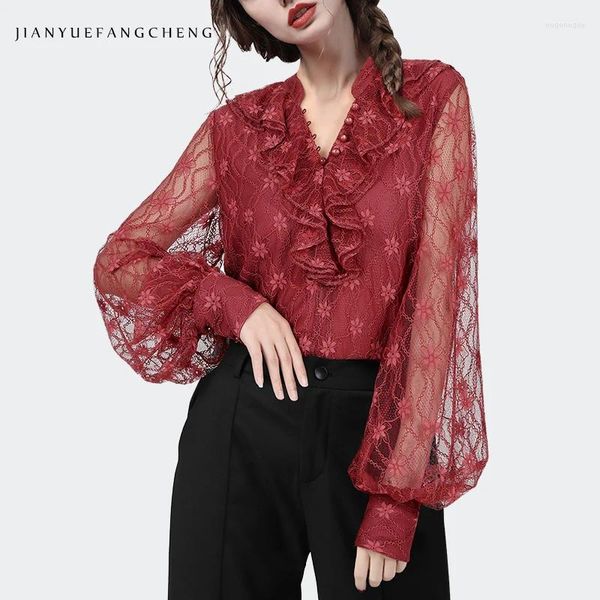 Blouses pour femmes Lantern Sleeve Hollow Out Red Lace Lace