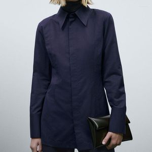 Chemisiers pour femmes revers bleu marine croustillant à manches longues chemise en coton coupe ajustée décontracté haut tendance femmes