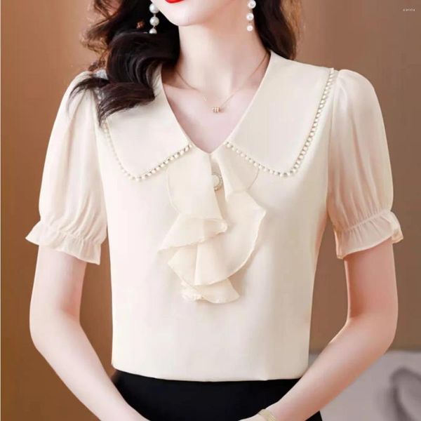 Blusas de mujer talla grande verano elegante gasa blanca oficina coreana femenina manga corta botón perla pajarita mujeres Top camisas Z899