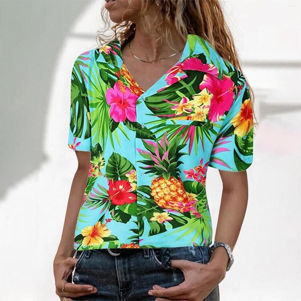 Chemisiers pour femmes grande taille vêtements pour femmes 2023 été chemise hawaïenne chemisier poche avant feuilles fleur ananas imprimé Blusas Elegantes De