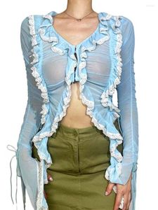 Blusas de mujer Lchiji Mujeres Sexy Sheer Bell Manga larga Tie Top Open Front Self Hollow Out Ruffle Tassel Mesh Crop Cardigan Going