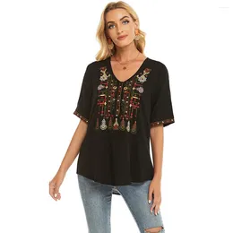 Blouzen voor dames le luz bloemen borduurwerk blouse shirt zwart vintage zomer mexicaanse vrouwen oversized 2xl etnische vrouw dames tops