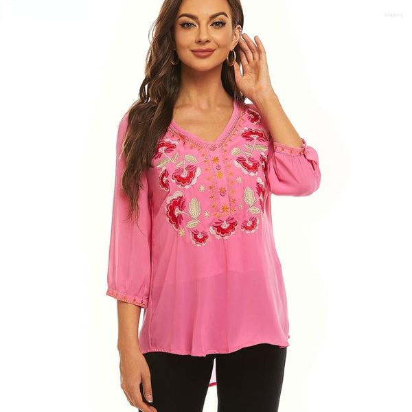 Blusas de mujer Le Luz Blusa con bordado floral Camisas Rosa Boho Vintage Chic Mexicano Primavera Otoño Mujeres 2xl Tops étnicos