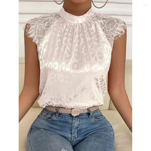 Blouses pour femmes Loisirs Chemises roses solides Pull Col montant Top Lady Lâche Sans manches Sexy Chemise en dentelle Femmes Été Blusas Mujer