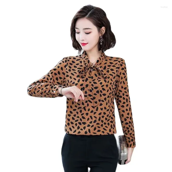 Chemisier imprimé léopard en mousseline de soie pour femmes, chemise à manches longues avec nœud, mode printemps 2023, chemisier de tempérament Slim coréen