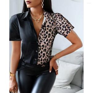 Women voor blouses luipaardprint vrouwen shirts shirts shirts korte mouw tops 3D geprinte shirt knop kleding patchwork graphics 2023 mode ontwerper