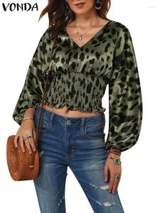 Chemises léopard de chemisiers pour femmes 2024 Vonda Femmes Sexy Party Party Tops Fashion Long Lantern Sleeve Blouse Automne Blusas Bohemian