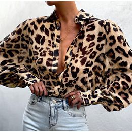 Blusas de mujer Camisa de mujer de leopardo Estampado elegante Manga larga Puff Patchwork Oficina Camisas de mujer para mujer Primavera Verano Moda Top