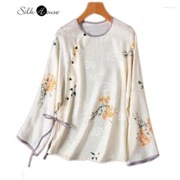 Blouses des femmes Lumière ancienne "Jiangan Spring Diary" Soft Natural Mulberry Silk Hualuo Jacquard Satin Round Cou Shirt Raglan