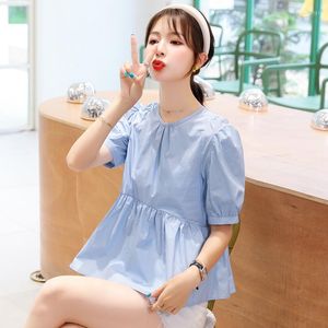 Women's Blouses Light Blue Blouse Dames Zomerbuik omslag korte mouwen Chiffon Shirt Top Dames 2022 Trend Poleras Mujer