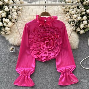 Blouses pour femmes Chemise de satin de luxe léger Femme de haute qualité à manches longues lanterne grande fleur tridimensionnelle dame tempérament haut printemps