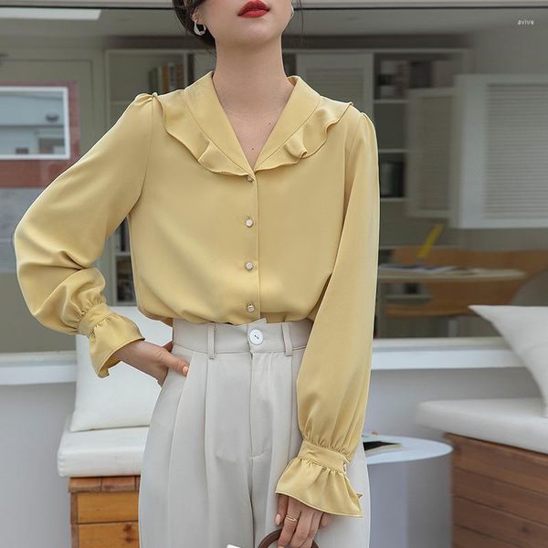 Blusas de mujer Amarillo Claro 2023 Satén Elegante Camisa Mujer Diseño Primavera Otoño Moda Coreana Manga Larga Profesional Cuello de Volantes