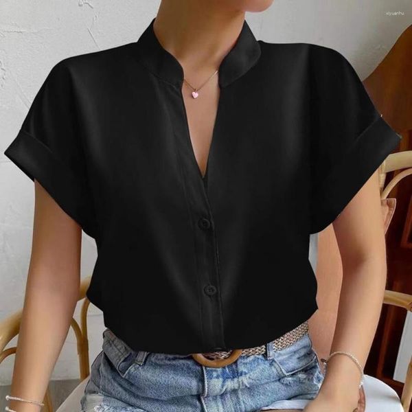 Blusas de mujer Camisa ligera Blusa con cuello en V suave y sedosa Elegante cuello alto Manga corta para negocios formales Ol Commute Style