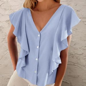 Chemisiers pour femmes Chemise légère pour femmes Élégant Col en V Manches à volants Coupe ample Haut pour l'été Habillé Mode décontractée