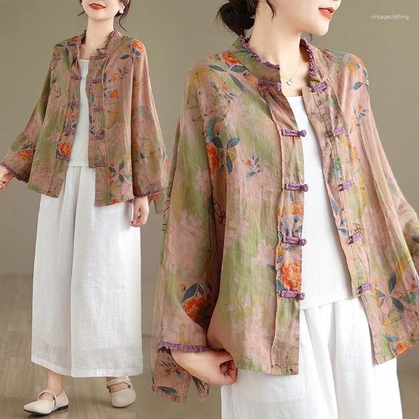 Blusas para mujeres Limiguyue china con estampado floral chino Mujeres delgadas Collar manga larga lino de algodón Ruffles literarios E531