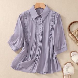 Blouses Femmes Limiguyue Mignon Plissé Coton Lin Blouse Femmes Volants Chemises D'été Bureau Dame Casual Top Littéraire Femme Tissu Violet