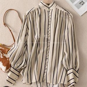 Blouses pour femmes Limiguyue French Lantern Sheve Striped Striped Stand Stand Collar Single Breast Tops Work Wear Silk Satin Z099