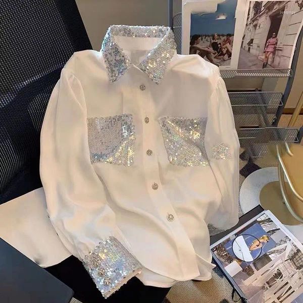 Blusas de mujer Limiguyue Camisa de pasarela de estilo francés de alta calidad Mujer Patchwork blanco Lentejuelas Primavera Tops largos Botón de diamante E281