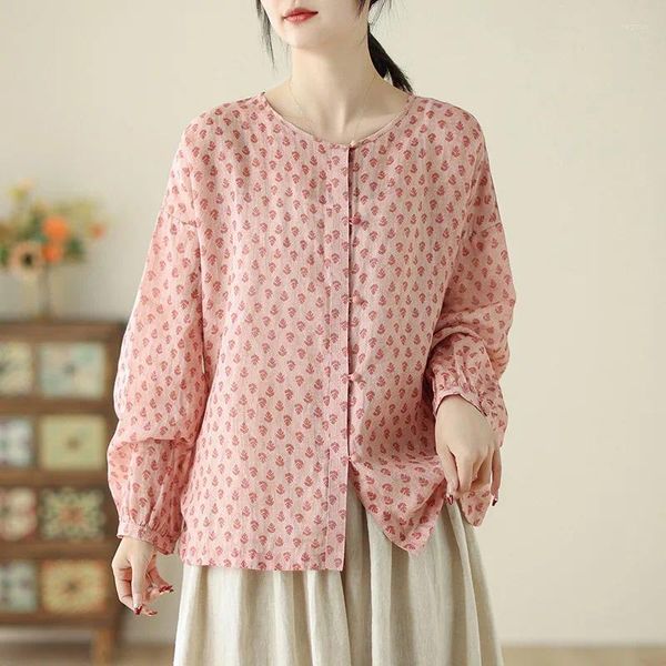 Blouses Femmes Limiguyue Blouse à manches longues à imprimé floral Blouse en coton Chemises en lin Femmes Lâche Vintage Mince Printemps Été Respirant E387