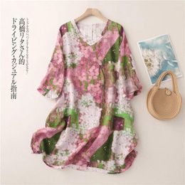 Blouses des femmes Limiguyue Summer Retro Retro Loose Floral Long Blouse Femme V-colme Malf Half Mops Linn Tops causaux Blusas Coton Coton