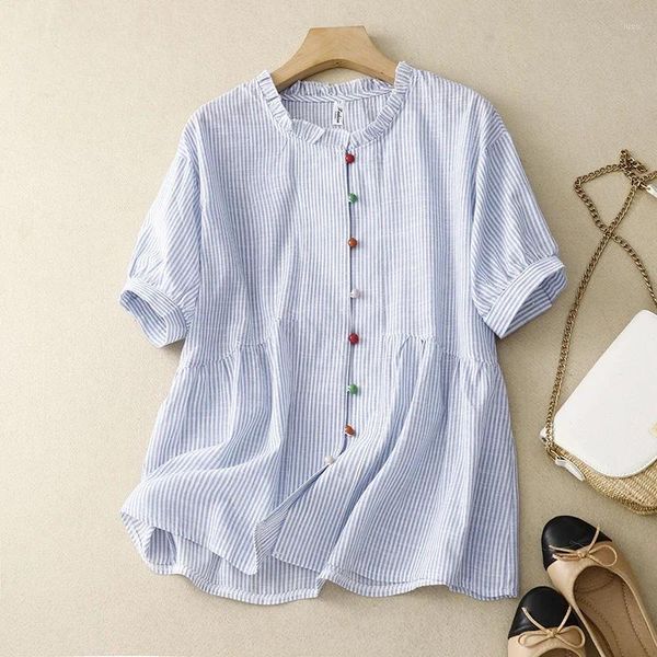 Blouses de femmes limiguyue femmes Shirts rayés d'été Blouse en lin en coton style japonais bouton coloré