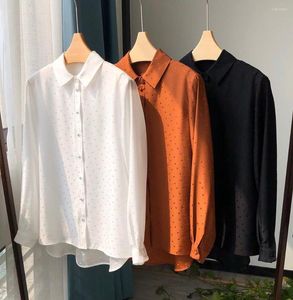 Women's Blouses Limited Sale - Elfbop Silk Caramel/White/Black Dots Long Sleeve Blouse Shirt