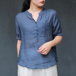 Chemise en lin aux blouses 2024 Blouse de cou rétro en V confortable Couleur unie confortable Casual Loose Short Sleeve