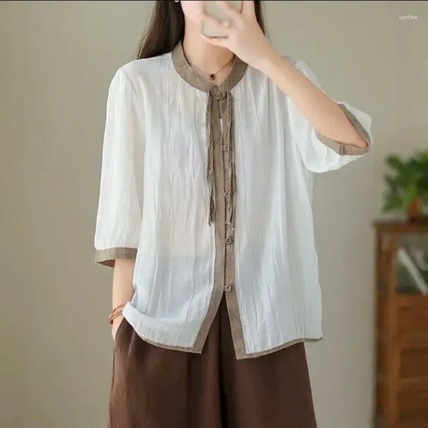 Women's Blosas camisas de lino para mujeres media manga en el cuello O casual Bloqueo de color de estilo coreano de un solo pecho coreano blusa de una pieza