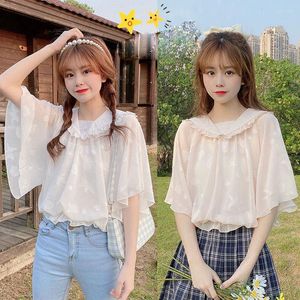 Women's Blouses Lolita Fashion Shirt College Student Girl Casual Loose Batwing Sleeve Solid Doll Collar Blouse Chiffon Short Tops Summer