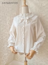 Blouses de femmes Lolita Shirt à manches longues Femmes Japonais Sweet mignon Lace Round Round Neck Clouse Pure Color All-Match Kawaii Camisas de