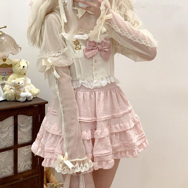 Blusas de mujer, camisas de malla de estilo Lolita, decoración de lazo para mujer, camisa bonita con ribete de encaje para niña dulce, ropa Kawaii