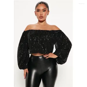 Damesblouses Lange lantaarnmouwen Glitter Damesoverhemden Sexy Slash Hals Pailletten Modeblouse Zwart Elegant Feest Clubwear Vrouwelijke tops