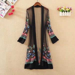Blouses Long Shirt Women voor vrouwen Kimono Plage Mujer Boho Floral Borduurwerk Chiffon Mesh Blouse Cardigan Kleding Roupas Feminina Tops