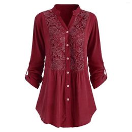 Chemisier à manches longues pour femme, haut tendance, élégant, Henley, col en V, dentelle florale, chemise au Crochet