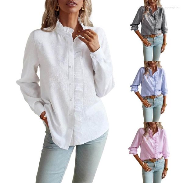 Blusas de mujer Camisas de manga larga con botones Camisa con cuello con volantes Blusa Tops Cárdigans casuales Túnicas Y1QD