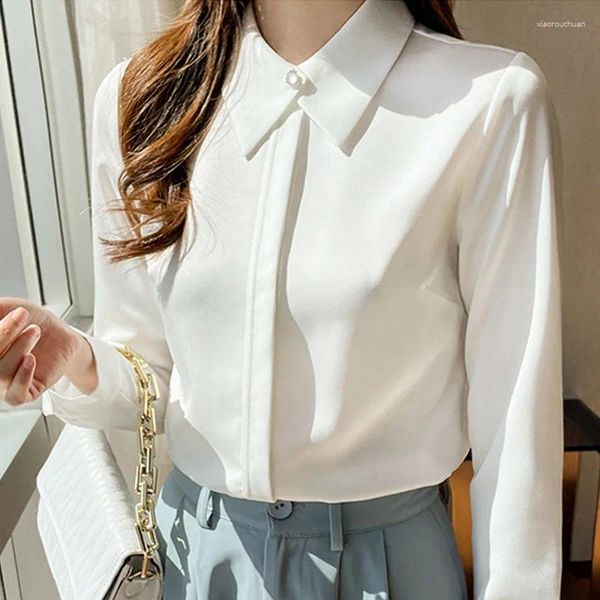 Blouses pour femmes à manches longues top en mousseline 2024 vêtements de mode élégants femme perles chemise blanche tenue de bureau bouton Blusas Mujer 1618