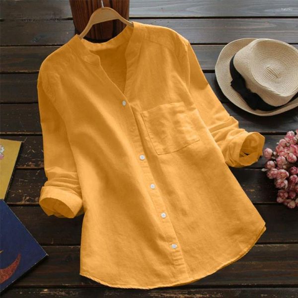 Blusas de mujer Camisas de lino de algodón de manga larga y para mujer 2024 Camisa lisa de primavera y verano Blusas superiores de gran tamaño con cuello redondo y botones