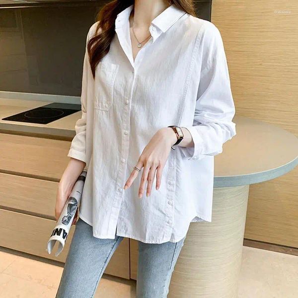 Blusas de mujer, blusa blanca de algodón de manga larga para mujer, camisa holgada con botones en el lateral de estilo coreano 2023, Blusas informales con bolsillo frontal