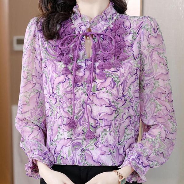 Blusas de mujer, camisas de gasa con estampado Floral de manga larga, moda Otoño 2023, blusa morada de encaje elegante